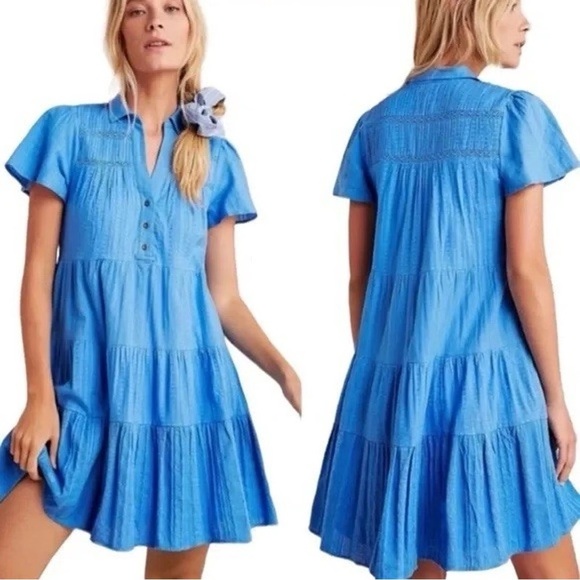 Anthropologie Blue Georgina Tiered Mini Dress Shirt Large - Picture 1 of 10